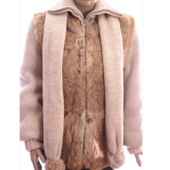 Vintage RABBIT FUR Knit JACKET Coat Sweater with Scarf Stylman Womens M - Picture 4 of 6
